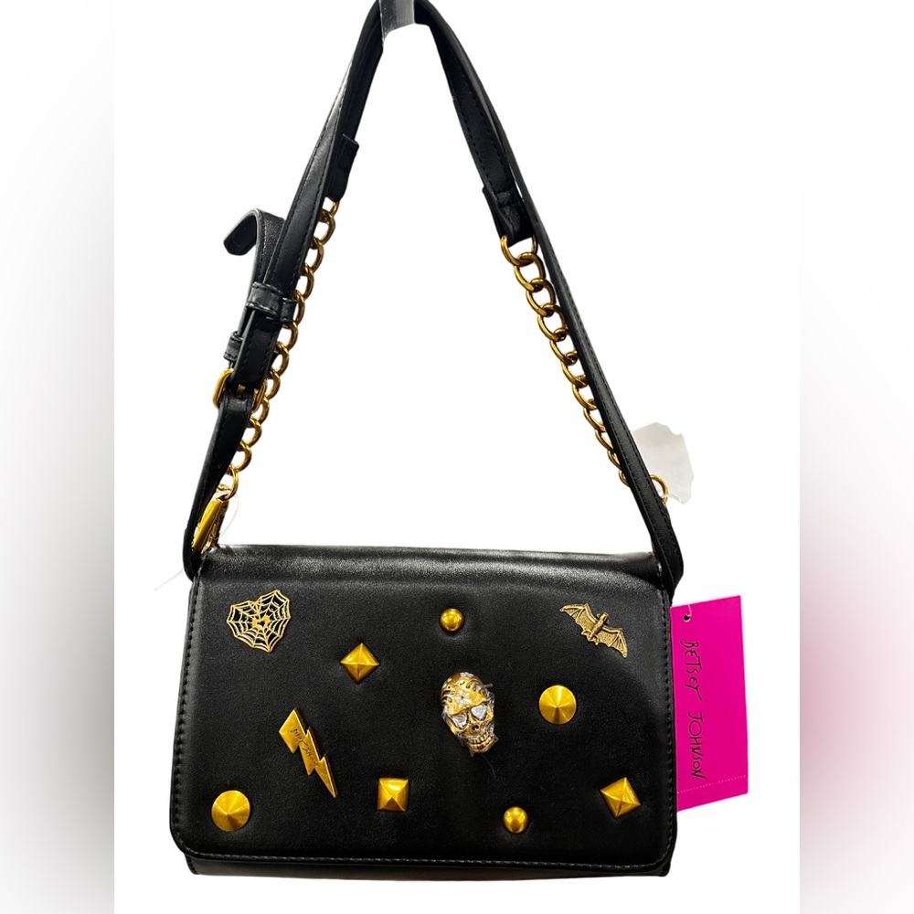 *NEW* Betsey Johnson Black Gold Skull Bat Clutch Crossbody Shoulder Bag